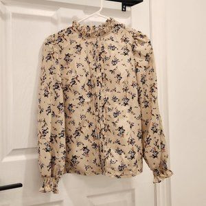 Shein Frill Neck Pleated Front Shirred Cuff Floral Print Top Apricot